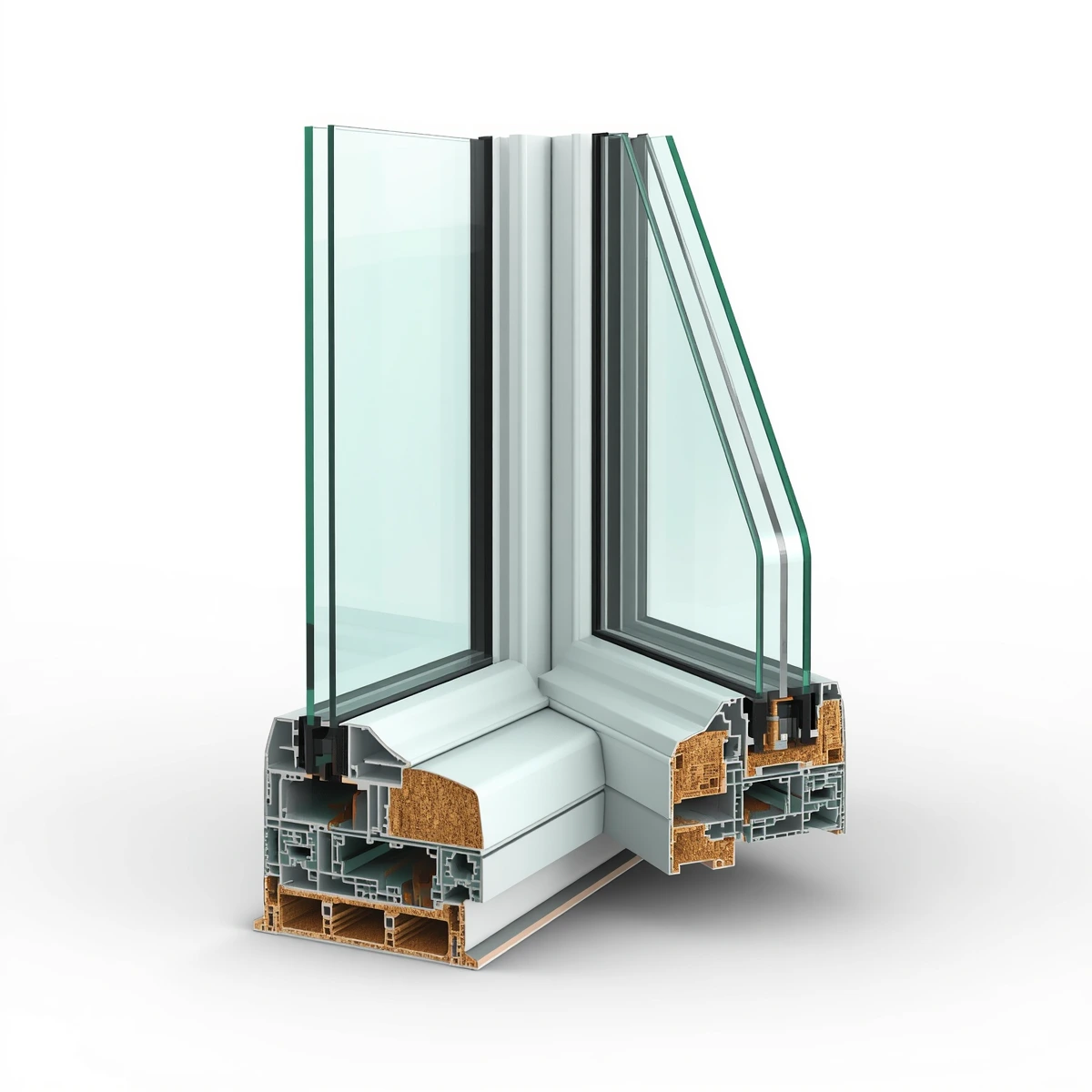 Doorsnede van een raamprofiel met hoogrendementsglas