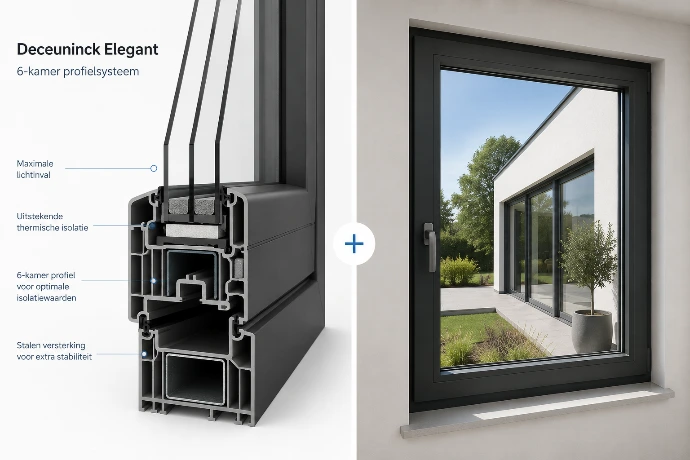 Deceuninck Elegant PVC-profiel met technische doorsnede naast een modern zwart raam in een hedendaagse woning.