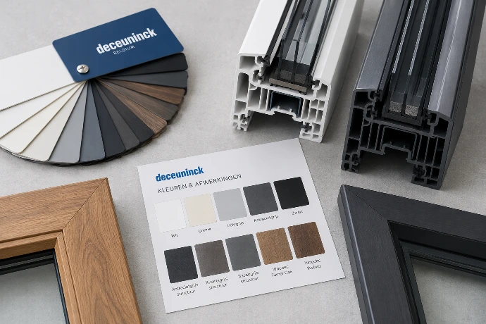 Deceuninck PVC-profielen en kleurstalen met verschillende afwerkingen, waaronder wit, antraciet en houtlook, voor ramen op maat.