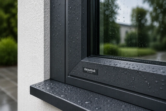 Close-up van een antraciet Deceuninck PVC-raam met regendruppels, ontworpen voor langdurige duurzaamheid en minimale onderhoudsvereisten.