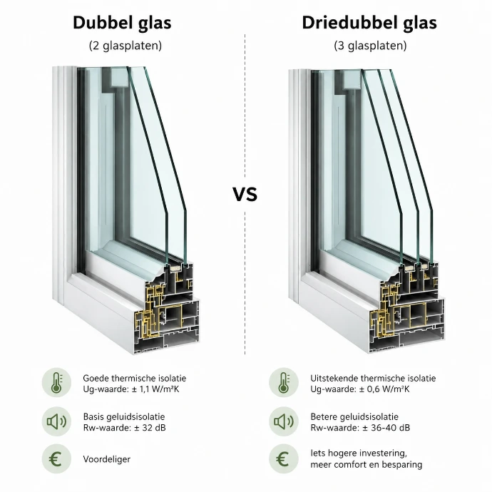 Vergelijking tussen dubbel glas en triple glas met doorsnede van beide beglazingen